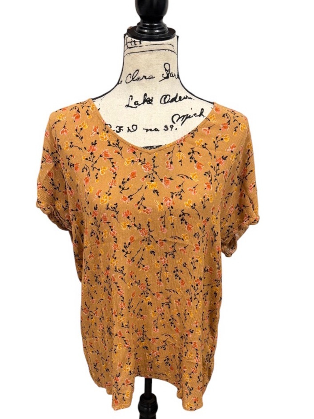 Maurices Mustard Floral Short Sleeve Blouse